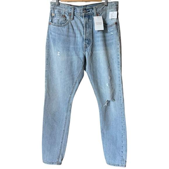 Levis 501 Skinny Light Blue Size 29x30 Distressed Button Fly Denim Jeans - Picture 1 of 9